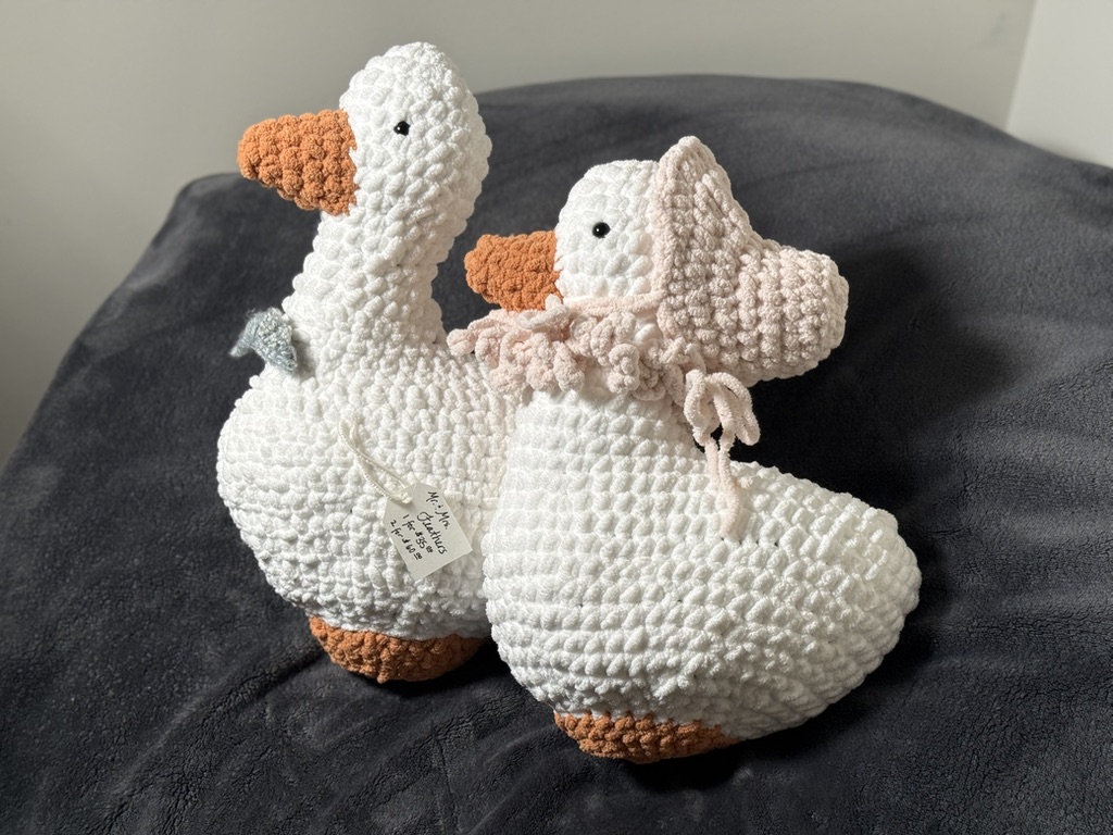 Mr. and Mrs. Gander, two plush chenille geese